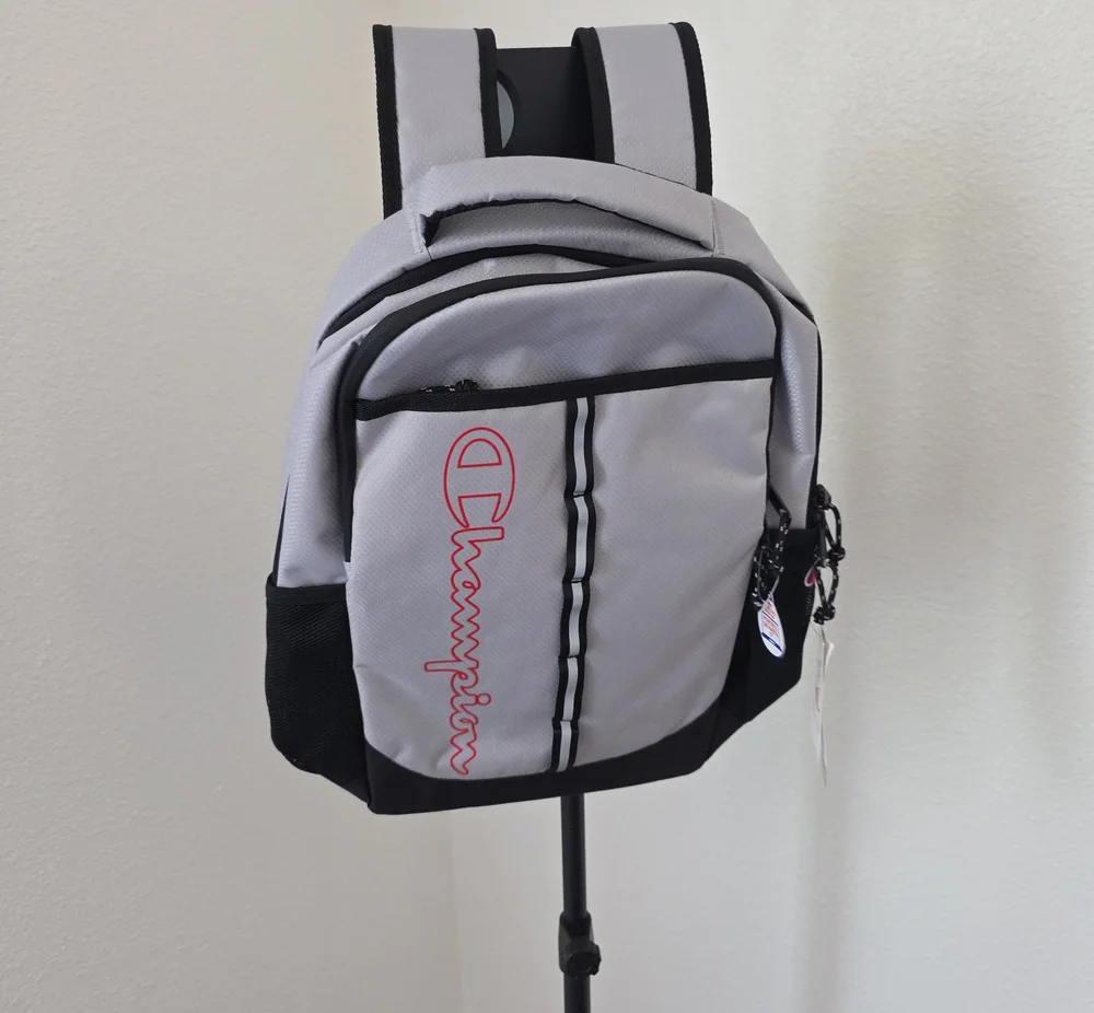 Champion Light Gray and Black Backpack with Red Logo